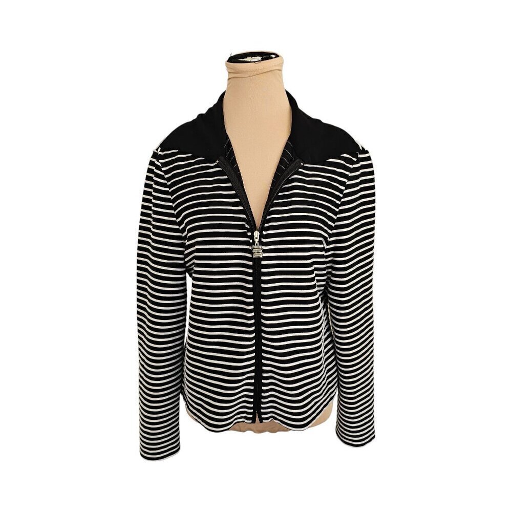 Joseph Ribkoff Striped Collared Zip Long Sleeve Blouse Sz M